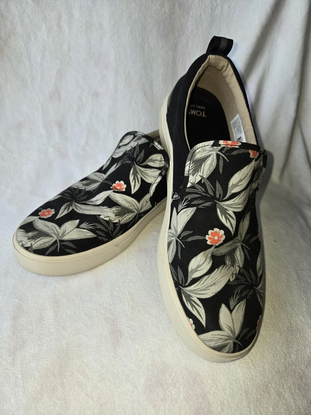TOMS Black Floral Slip-On Sneakers with Coral Accents